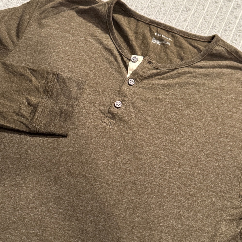 Club Monaco Henley Shirt Mens M Brown Cotton Knit Minimal Lounge Stretch Preppy